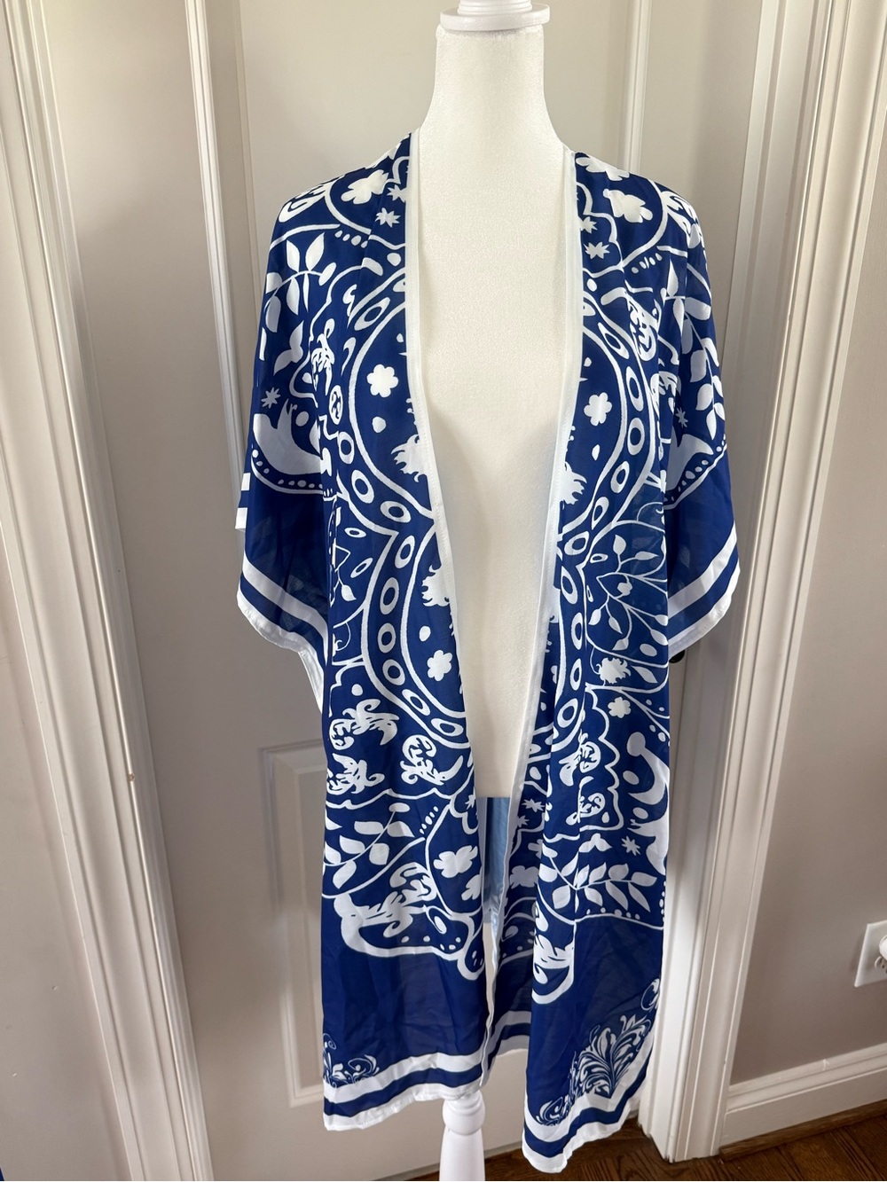 Love Stitch patterned blue and white kimono beach cover-up